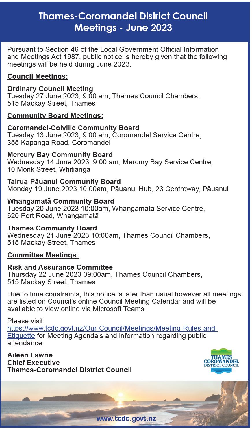 June 2023 meeting schedule